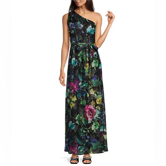 NWT Ignite Evenings Sleeveless One Shoulder Tie Waist Floral Maxi Dress Size 6 - Picture 1 of 5